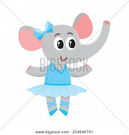 Cute little elephant character, ballet dancer in pointed shoes and tutu skirt, cartoon vector illustration isolated on white background. Little elephant baby animal, ballet dancer, ballerina in tutu