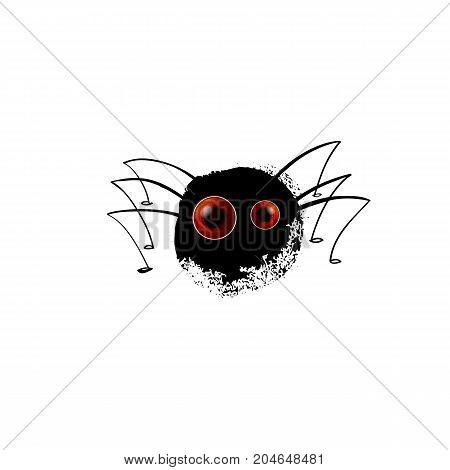 Funny spider. Cartoon blot with legs for you design. Vector illustration. Realistic eyes on black silhouette. Character concept sully white background.
