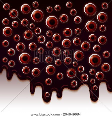 Dripping Melted chocolate Glaze with many realistic Eyes look to you. Halloween holiday background with eyes. Horror concept