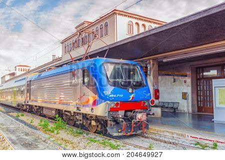 Venice, Italy - May 13, 2017 : Modern High-speed Passenger Train Stand On Main Railways Station Veni
