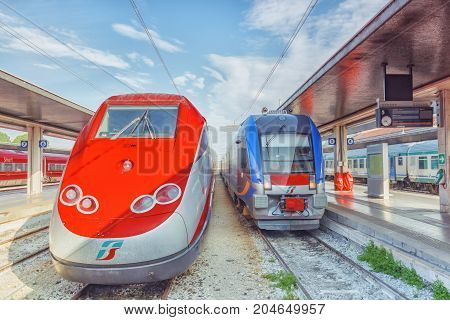 Venice, Italy - May 13, 2017 : Modern High-speed Passenger Train Stand On Main Railways Station Veni