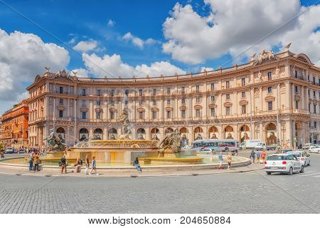 Rome, Italy - May 10, 2017 : Republic Square (piazza Della Repubblica) And The  Fontana Esedra. Ital