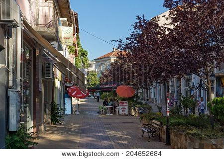 PETRICH, BULGARIA - SEPTEMBER 6, 2017:  Panoramic view of Centre of town of Petrich, Blagoevgrad region, Bulgaria