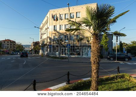 PETRICH, BULGARIA - SEPTEMBER 6, 2017:  Building of town hall in Centre of Petrich, Blagoevgrad region, Bulgaria