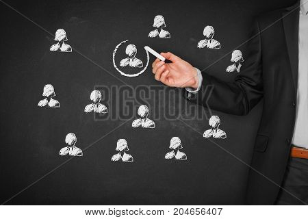 Recruit and hire human resources (HR) concept. Marketing segmentation, targeting, personalization, individual customer care (service), customer relationship management (CRM) and leader concepts.