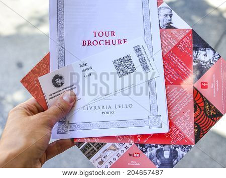PORTOPORTUGAL - AUGUST 10 2017 : Ticket with price for Livraria Lello bookstore Porto Portugal