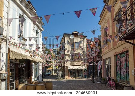 PLOVDIV, BULGARIA - SEPTEMBER 1, 2017:  Street in district Kapana, city of Plovdiv, Bulgaria