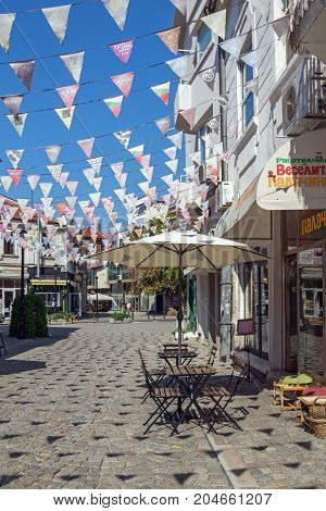 PLOVDIV, BULGARIA - SEPTEMBER 1, 2017:  Street in district Kapana, city of Plovdiv, Bulgaria