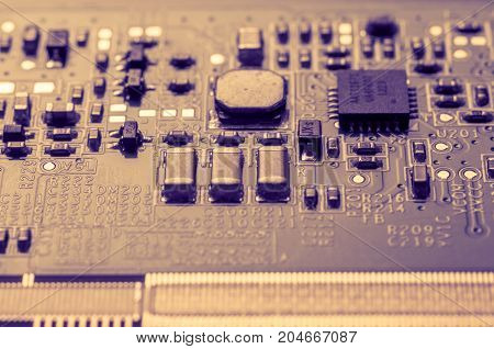 Circuit board. Electronic computer hardware technology. Information engineering component. macro photography.