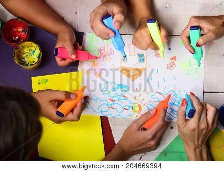 Art And Artwork Concept. Artists Wooden Table With Paints