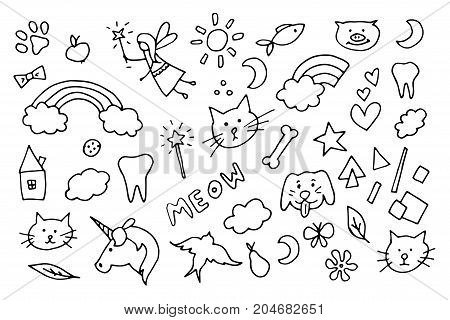 cute magic child doodle vector symbols, fatasy cartoon sketch