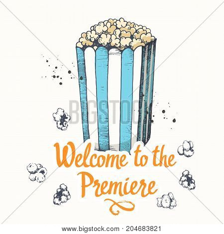 Vector illustration with sketch popcorn bucket. design. Cinema snack. Hand drawn fast food. Movie Time poster.