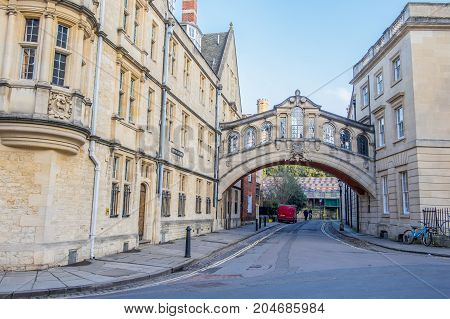 Oxford UK - December 20 2016 : Hertford Bridge popularly known as the Bridge of Sighs is over New College Lane in Oxford England.
