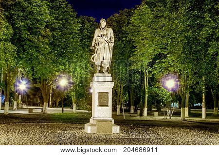 Monument to Cossack otaman Sirko at summer night, the town of Pokrov, Ukraine