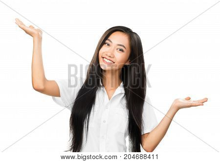 Cheerful Asian Woman Gesturing With Hands And Looking At Camera