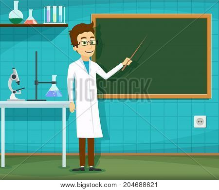 Man on white lab coat is pointing at the blackboard. Chemical laboratory. Stock Vector cartoon illustration.