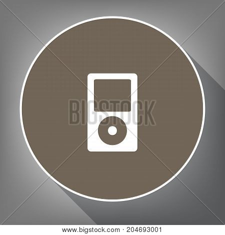 Portable music device. Vector. White icon on brown circle with white contour and long shadow at gray background. Like top view on postament.