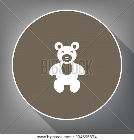 Teddy bear sign illustration. Vector. White icon on brown circle with white contour and long shadow at gray background. Like top view on postament.