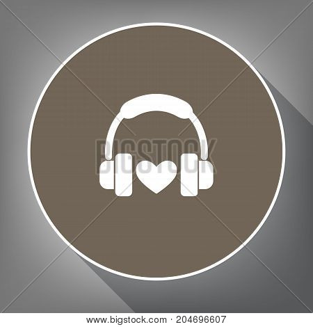 Headphones with heart. Vector. White icon on brown circle with white contour and long shadow at gray background. Like top view on postament.