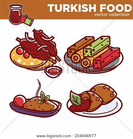 Exotic Turkish food vector illustrations collection with dishes on plates. Delicious kofta with pita bread, sweet lokum, hot nutritious pilaf and falafel kofte with meat filling on white background.