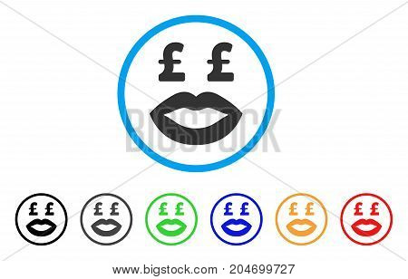 Pound Prostitution Smiley rounded icon. Style is a flat pound prostitution smiley grey symbol inside light blue circle with black, gray, green, blue, red, orange color versions.