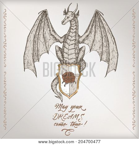 Romantic vintage birthday card template with calligraphy and dragon sketch. Great for holiday design.