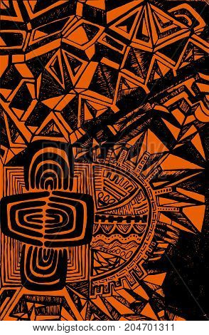 Bright ethnic pattern black outline on an orange background abstract psychedelic background Boho style. Colorful ornamental card. Vector hand drawn illustration.