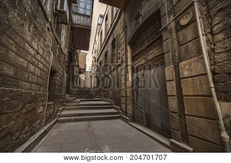 Empty Street In Old City Of Baku, Azerbaijan. Old City Baku. İnner City Buildings.
