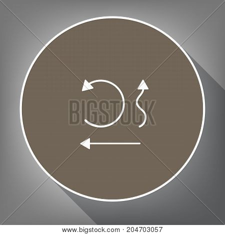 Simple set to Interface Arrows. Vector. White icon on brown circle with white contour and long shadow at gray background. Like top view on postament.