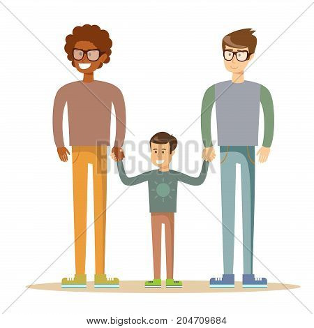 Happy gay men posing with their child. Mixed race family.Stock flat vector illustration.
