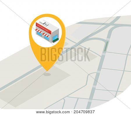 Flat isometric paper map with huge map pointer vector illustration. Isometric supermarket or shopping center. -stock illustration