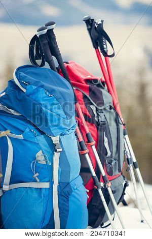 Backpack Is Standing On The Snow.