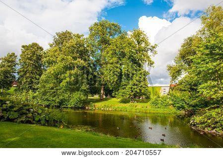 Pond in a park in town of Ringsted in Denmark