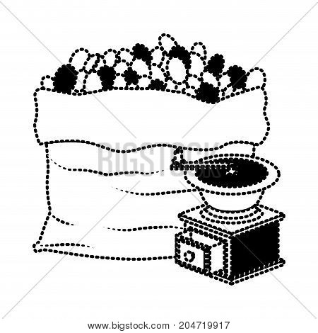 bag of coffee beans and griding with cranksilhouette dotted monochrome on white background vector illustration