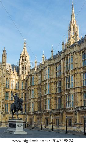 A statue of King Richard I , also known as Richard the Lionheart outisde the Houses of Parliament in London, United Kingdom.