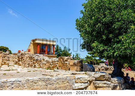Knossos, Crete, June 10, 2017: Scenic Ruins Of The Minoan Palace Of Knossos. Knossos Palace Is The L