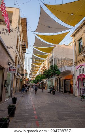Nicosia, Cyprus, March 2017: Shaded Ledras walking street with shops in Nicosia city centre Cyprus