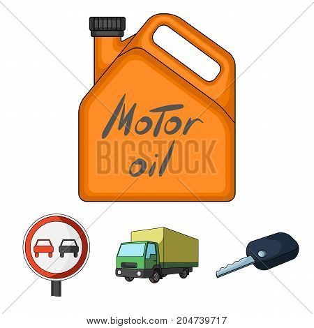 Truck with awning, ignition key, prohibitory sign, engine oil in canister, Vehicle set collection icons in cartoon style vector symbol stock illustration .