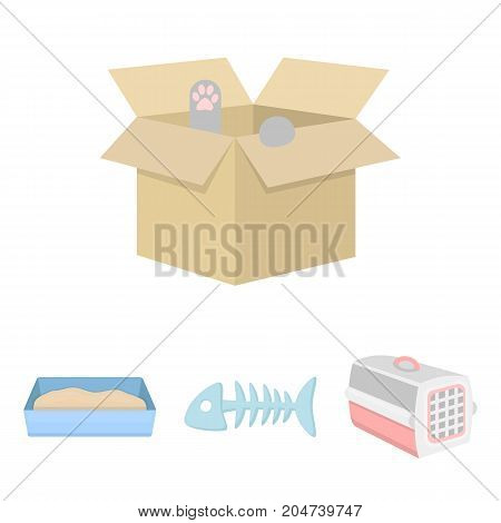 Fish bone, container for an animal, cat's toilet, cat in a box. Cat set collection icons in cartoon style vector symbol stock illustration .