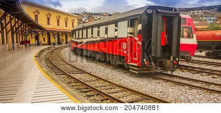 QUITO, ECUADOR AUGUST 20 2017: Ecuadorian steam colomotive in chinbacalle trains museum, located in the city of Quito, Ecuador.