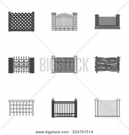 A fence of metal and bricks, wooden palisade and other varieties. A different fence set collection icons in monochrome style vector symbol stock illustration .