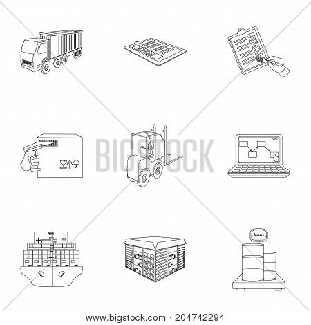 Forklift, cargo plane, goods, documents and other items in the delivery and transportation. Logistics and delivery set collection icons in outline style isometric vector symbol stock illustration .