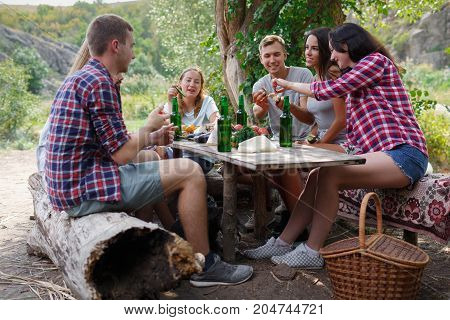 Friends interacting while having picnic in park on a sunny day. Leisure, holidays, eating, people and food concept - happy friends having dinner at the summer party. Best time for a picnic.
