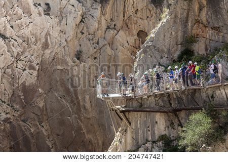 El Chorro Spain - May 31 2017: People at the hiking trail 'El Caminito del Rey' - King's Little Path former world's most dangerous footpath wich was reopened in May 2015. Ardales Malaga province Spain