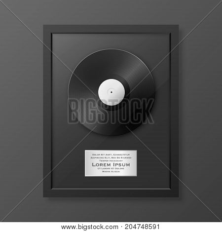 Realistic vector LP and label in glossy black frame icon closeup isolated on black background. Single album disc award. Design template. Stock vector mockup. EPS10 illustration.