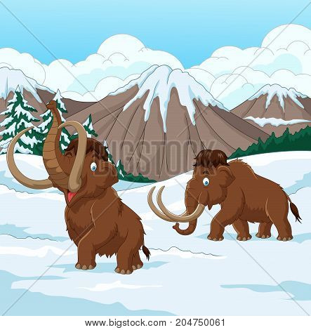 Vector illustration of Cartoon Woolly Mammoth walking through a snowy field