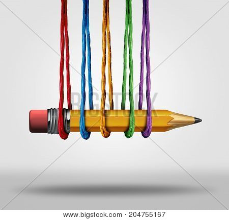 Education support together as a learning diversity community helping as a diverse group as a pencil being supported by different ropes with 3D illustration elements.