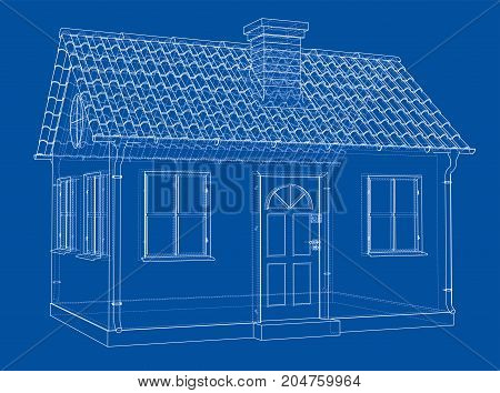 A small house with shingles roof. Vector rendering of 3d. Wire-frame style. The layers of visible and invisible lines are separated