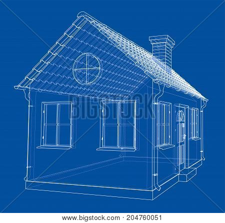 A small house with shingles roof. Vector rendering of 3d. Wire-frame style. The layers of visible and invisible lines are separated