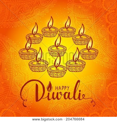 Elegant card design of traditional Indian festival Diwali with lamp. Beautiful greeting card for festival of diwali celebration.